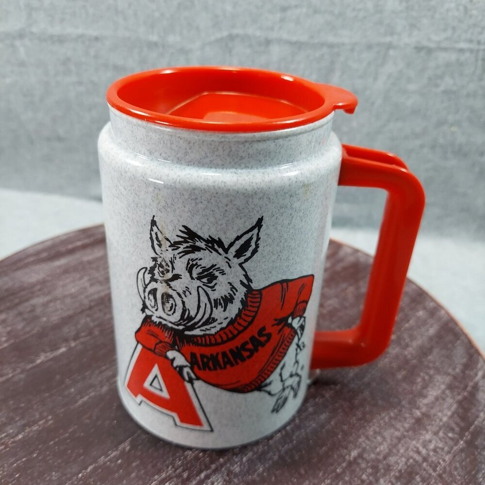 Vintage Arkansas Razorbacks Coffee Mug Can Shape Red Handle READ